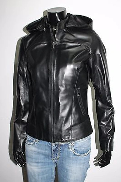 Pre-owned Handmade Italian  Women Leather Jacket Removable Hood Size S Black