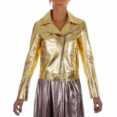 Pre-owned Handmade Italian  Women Genuine Lamb Leather Biker Jacket Metallic Gold