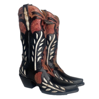 Pre-owned Dan Post ® Ladies Alyssia Distressed Floral Black Snip Toe Boots Dp4350