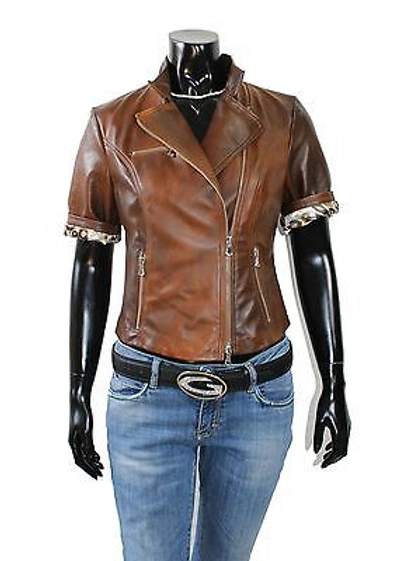 Pre-owned Handmade Italian  Women Leather Biker Jacket Short Sleeves Brown Distressed Xl