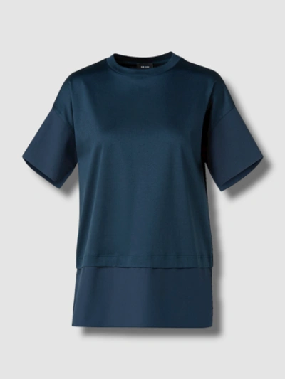 Pre-owned Akris $595  Women's Blue Short-sleeve Jersey Poplin Combo T-shirt Top Size 8