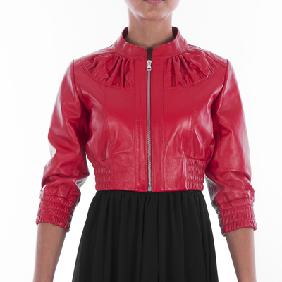 Pre-owned Handmade Italian  Women Genuine Leather Cropped Bomber Jacket Beautiful Red