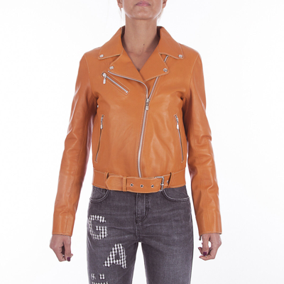 Pre-owned Handmade Italian  Women Genuine Lamb Leather Biker Jacket Tan In Brown