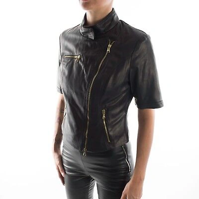 Pre-owned Handmade Italian  Women Leather Biker Trend Jacket Slim Fit Short Sleeves Black S