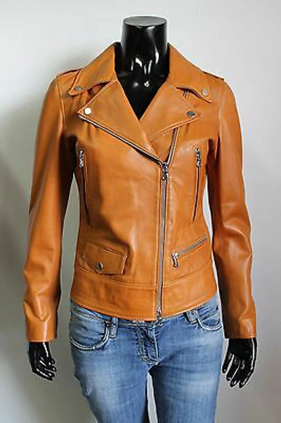 Pre-owned Handmade Italian  Women Lambskin Leather Moto Biker Jacket Slim Fit Tan 2xl In Brown