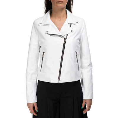 Pre-owned Handmade Italian  Women Genuine Lamb Leather Biker Jacket White