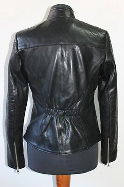 Pre-owned Handmade Italian  Women Lambskin Leather Moto Biker Jacket Slim Fit Black M