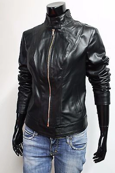 Pre-owned Handmade Italian  Women Lambskin Leather Simple Jacket Slim Fit M Gold Hardware