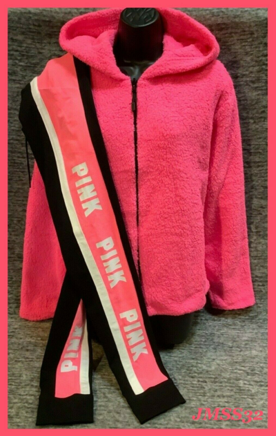 Pre-owned Victoria's Secret Pink Reversible Sherpa Hoodie + Leggings Set Neon Pink M L Nip In Neon Pink Black