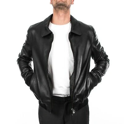 Pre-owned Handmade Italian Men Lambskin Genuine Soft Leather Bomber Jacket Black M