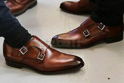 Pre-owned Handmade Men's Leather Double Monk Brown Dress Shoes Pointed Toe Dress Shoes-656