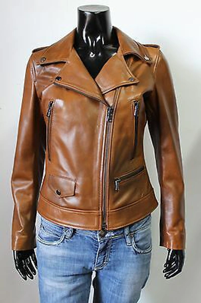 Pre-owned Handmade Italian  Women Leather Biker Jacket Slim Fit Saddle Tan Distressed Xs
