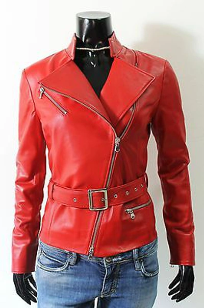 Pre-owned Handmade Italian  Women Leather Asymmetric Biker Jacket Slim Fit Red Xl