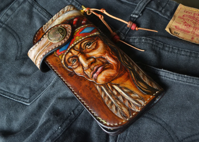 Pre-owned Polluxhandle American Indian Wallet, Hand-tooled, Motorbike Wallet, Leather Carving Wallet In Brown