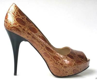 Pre-owned Giuseppe Zanotti Bronze Croco Leather Peep-toe Heels Shoes In Gold
