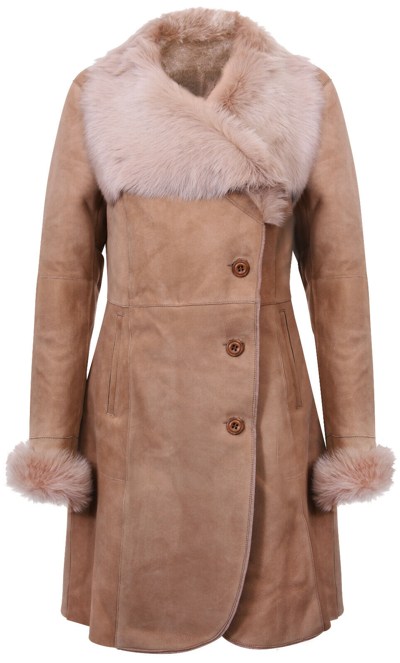 Pre-owned Infinity Ladies Beige Suede Merino Shearling Sheepskin Leather Coat With Toscana Collar