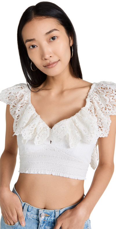 Alice And Olivia ‘bleeker' Embroidered Sleeveless Smocked Crop Top In White