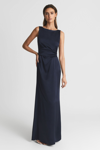 REISS NAVY DRAPE FRONT MAXI DRESS