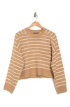 T Tahari Saddle Stripe Long Sleeve Sweater In Khaki/ Snow Globe Stripe