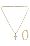 American Exchange Two-tone Cross Diamond Pendant Necklace & Bracelet Set In Gold/ Silver