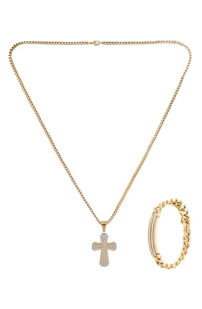 American Exchange Cross Pendant Necklace & Bracelet Set In Gold/ Silver