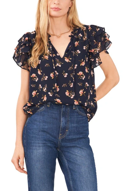 1.state Floral Print Flutter Sleeve Top In Blue