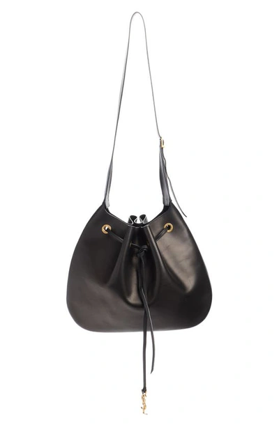 Saint Laurent Large Ysl Drawstring Leather Hobo Bag In Black
