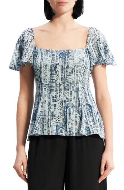 Theory Short-sleeve Godet Printed Silk Top In Blue