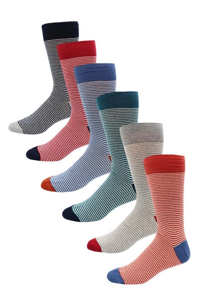 Lorenzo Uomo 6-pack Assorted Stripe Cotton Blend Dress Socks In Denim