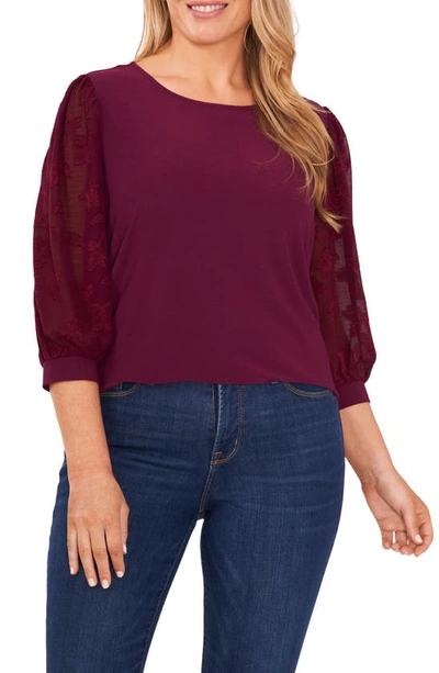 Cece Voluminous Lace Sleeve Top In Deep Mulberry