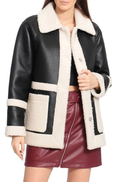 Avec Les Filles Faux Leather Snap Coat With Faux Shearling Trim In Black/ Cream