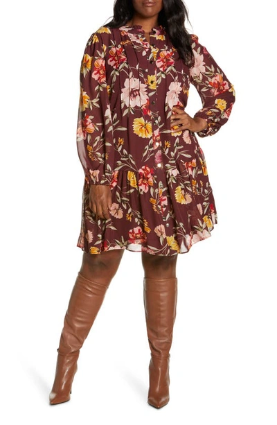 Julia Jordan Floral Print Pleated Long Sleeve A-line Dress In Brown Multi