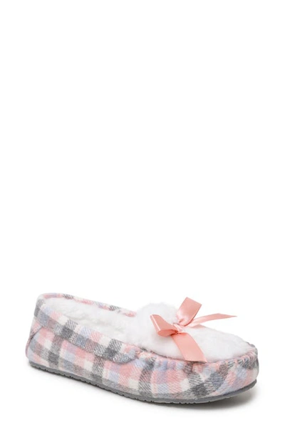 Minnetonka Cosi Faux Shearling Slipper In Pink Plaid