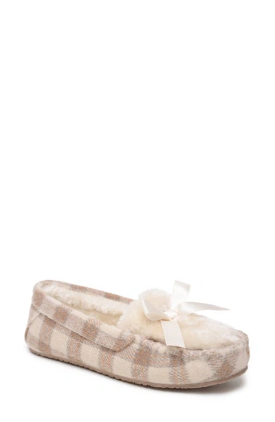 Minnetonka Cosi Faux Shearling Slipper In Cream Plaid