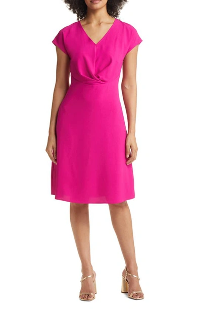 Tahari Asl V-neck Twist Front Fit & Flare Dress In Wild Berry