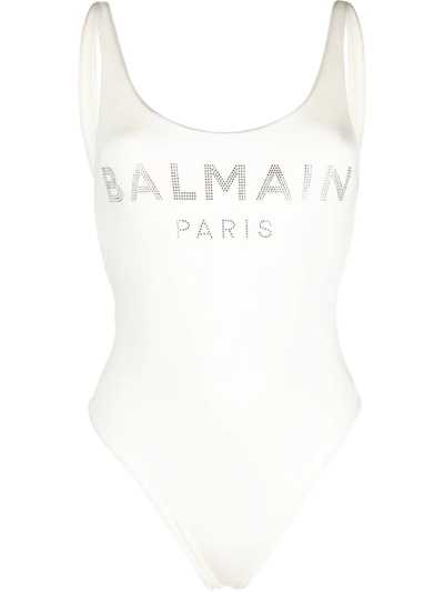 Balmain Off-white Crystal One-piece Swimsuit In Ivory