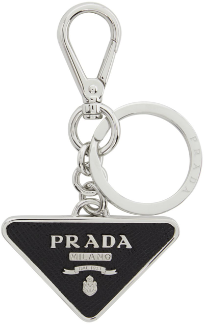 Prada Brand-plaque Steel And Leather Keyring In Black