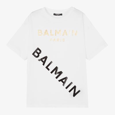 Balmain Teen White Cotton Logo T-shirt