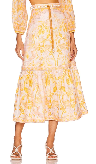 Zimmermann Lyre Belted Tiered Shell-embellished Printed Linen Midi Skirt In Yellow