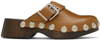 Ganni Studded Buckled Leather Clogs In Brown