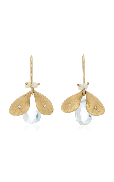 Annette Ferdinandsen Jeweled Bug 14k Yellow Gold Aquamarine; Pearl; Diamond Earrings In Blue