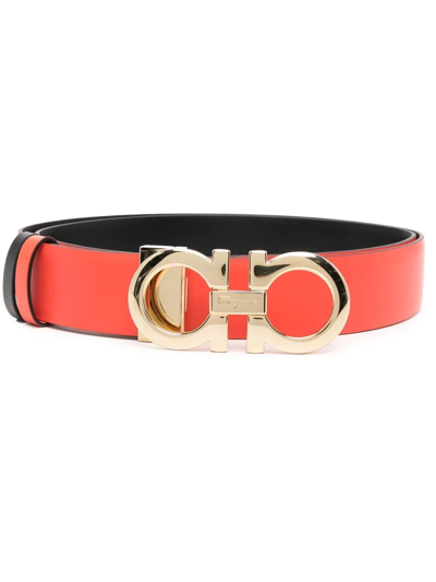 Ferragamo Gancini Leather Belt In Orange-black