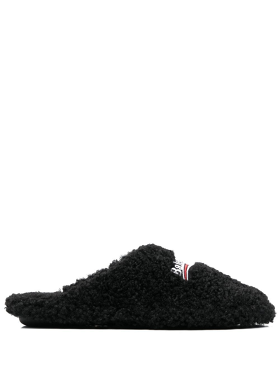 Balenciaga Political Logo Faux Fur Slipper Mules In Black,white