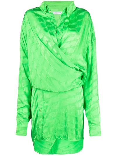 Balenciaga Bb Monogram Jacquard Asymmetric Wrap Dress In Green