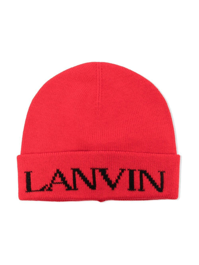 Lanvin Enfant Kids' Logo-knit Beanie Hat In 红色