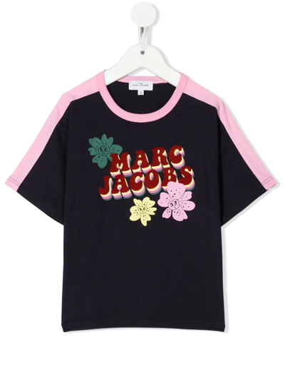 The Marc Jacobs Kids' Striped-detail Logo T-shirt In 蓝色