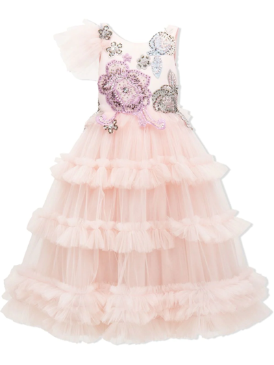 Tulleen Babies' Lilac Floral-embroidered Tulle Dress In Pink