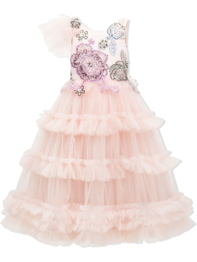 Tulleen Kids' Lilac Floral-embroidered Tulle Dress In Pink
