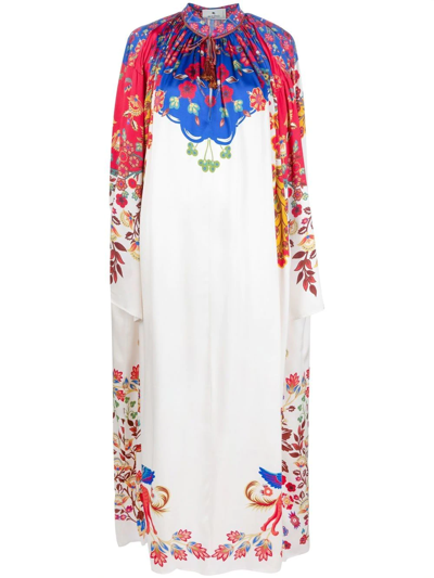 Etro Long Tunic Dress In White Silk With Multicolor Print
