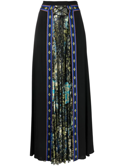 Etro Woman Long Black Silk Skirt With Ribbons And Floral Detail